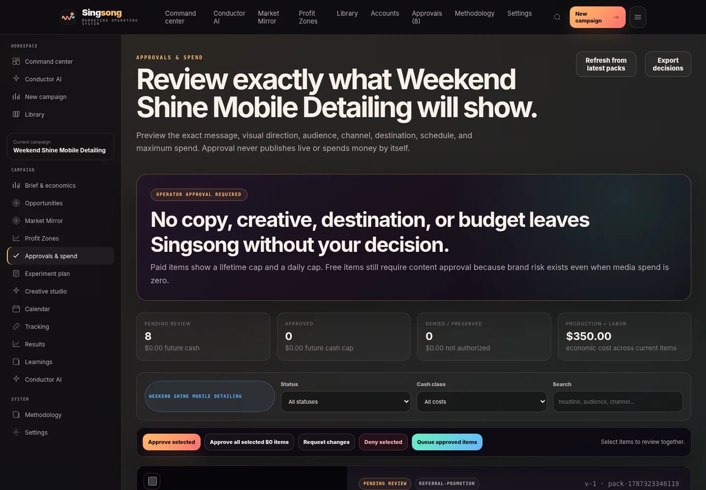Singsong Approval Center showing content and spend review